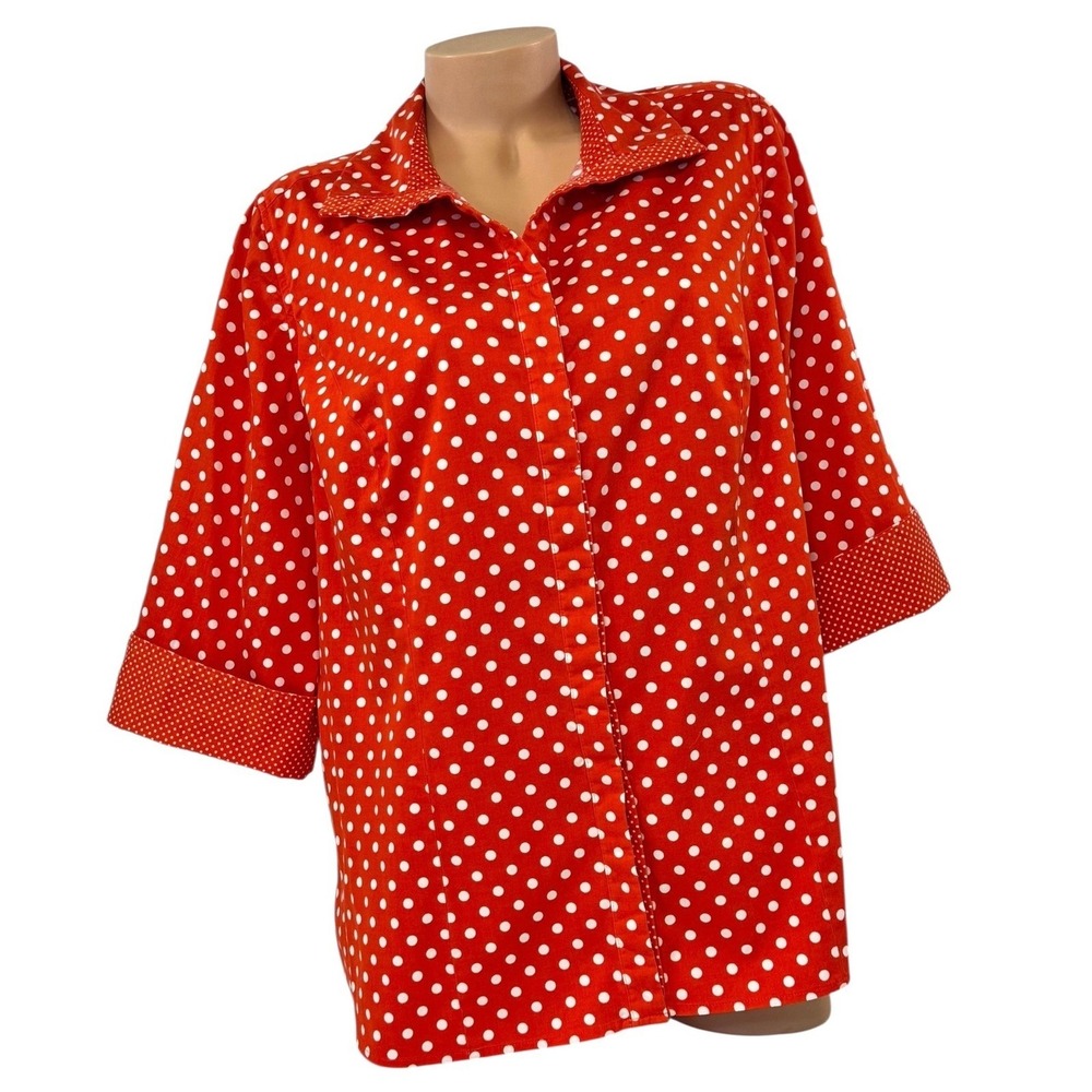Lane Bryant Womens Size 20‎ Coral Orange Polka Dot 3/4 Sleeve Button Up Shirt